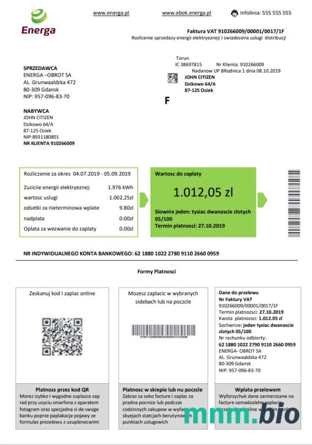Szablon rachunku za media Polska Energa w formacie Word i PDF